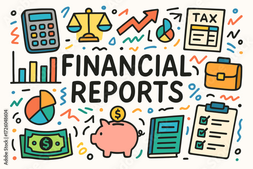 Finance and accounting icon set. colorful, hand-drawn style icons for reports and taxation