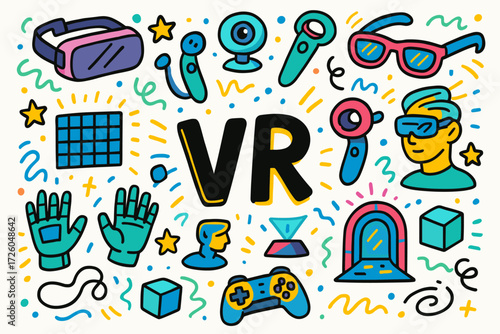 Vr technology flat icon set. virtual reality, headset, gaming outline icons collection