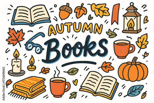 Autumn, cozy reading flat icon set. fall, books, leaves icons flat collection