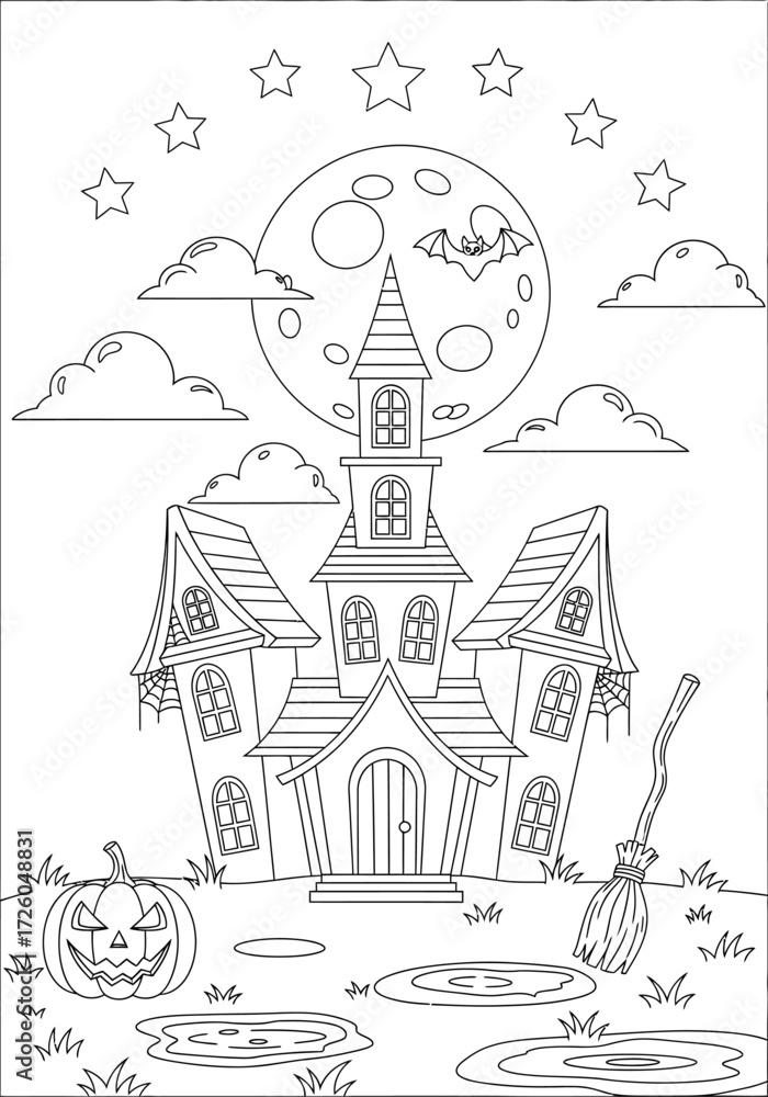 Fototapeta premium Spooky Halloween Haunted House Coloring Book for Kids and Adults - Printable PDF for Fun Holiday Activities
