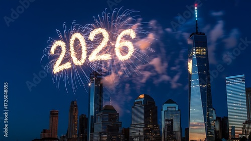 Exciting 2026 fireworks display over the iconic NYC skyline at night, perfect for travel promotions, New Year's celebrations, and urban development projects