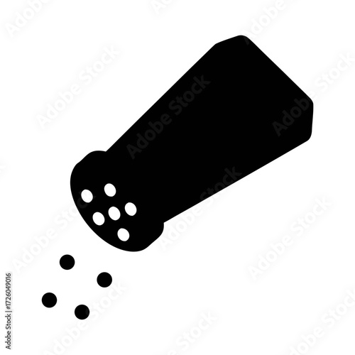 Black and white salt shaker pouring seasoning, spice, condiment for cooking and dining table use