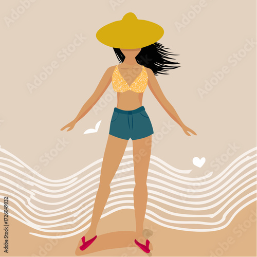 boho beach wanderer—carefree surfer girl vector poster or greeting card asset with pastel wave background