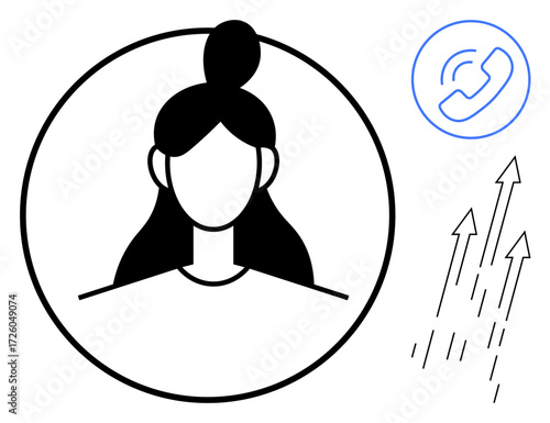 Female silhouette inside a circle, with a phone call icon and arrows rising. Ideal for communication, networking, support, connection, growth, progress and innovation concepts. Simple flat metaphor