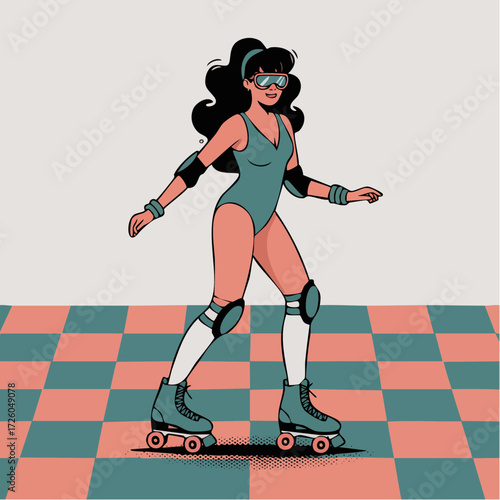 retro roller-disco diva—1970s roller queen on checkerboard floor in coral and teal for card or poster