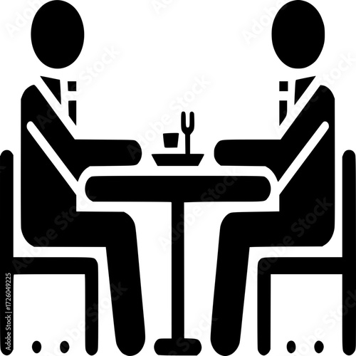 Meeting over Meal: Two silhouettes engage in conversation at a table with subtle cues of a meal, creating a sense of connection and shared experience in a stylized representation.