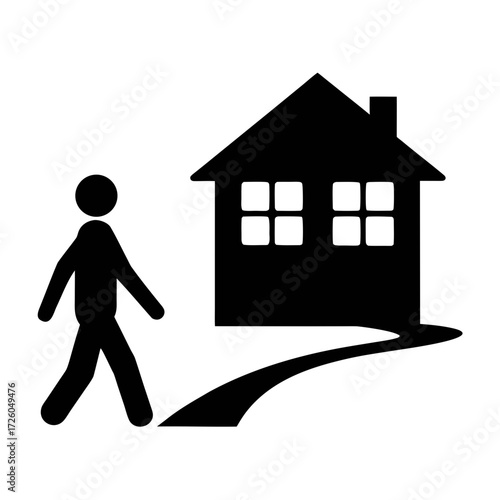 Illustration of person walking to house vector graphic for real estate and home ownership themes