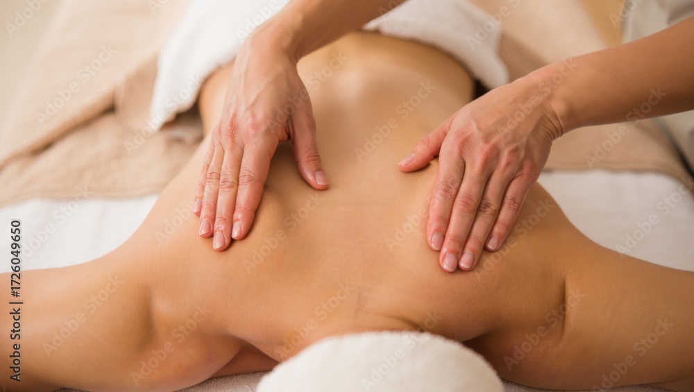 Fototapeta premium Woman lying on a spa bed, receiving a professional back massage from a therapist, focusing on comfort, physical well being, relaxation, and stress relief