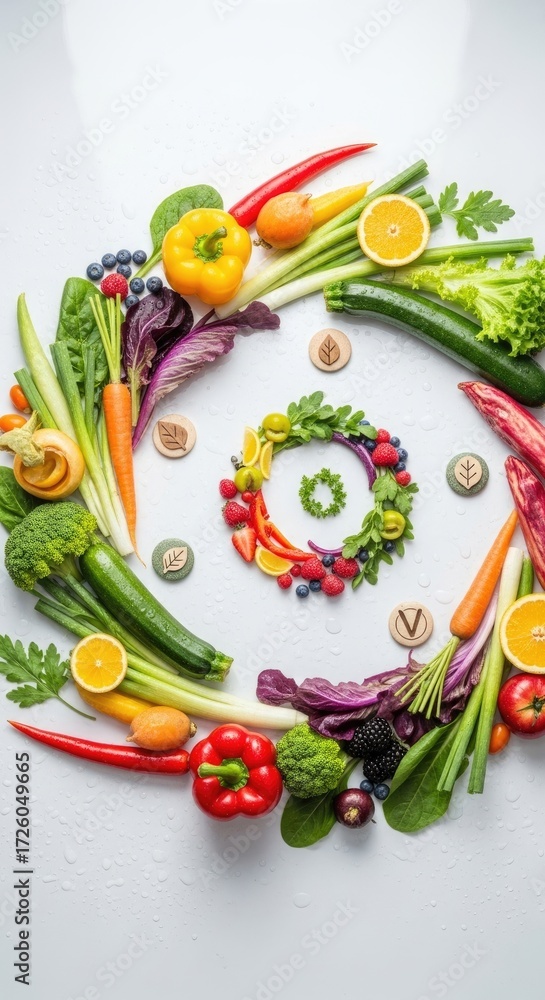 Fototapeta premium Circular arrangement of fresh colorful vegetables and berries, showcasing a healthy vegan lifestyle and plant based eating, vibrant assortment of natural produce.