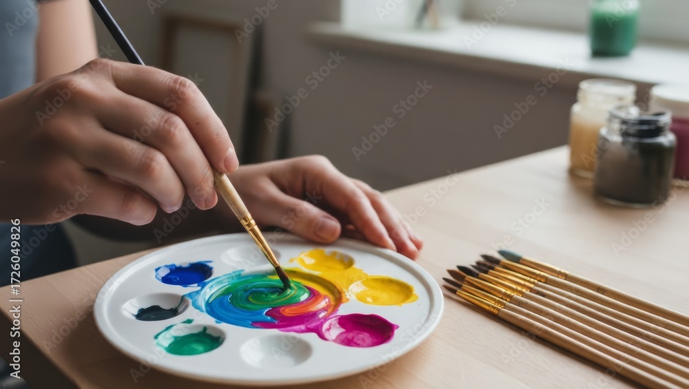 Fototapeta premium Artist's hands mixing vibrant acrylic paint colors on a white palette, creating a rainbow spiral with a paintbrush, symbolizing creativity, hobby, and artistic expression