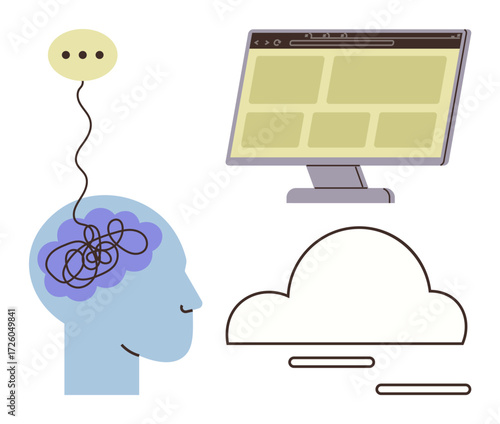 Human brain linked to thought bubble with tangled ideas, monitor with browser window, and cloud graphic. Ideal for brainstorming, innovation, digital transformation, cloud computing, technology, AI