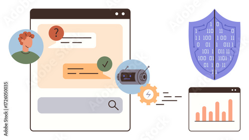 Chat interface with user and AI bot messaging, shield with binary code, chart, and search bar. Ideal for AI technology, machine learning, cybersecurity, data analysis, communication privacy