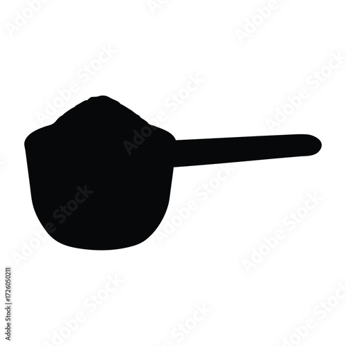Black measuring scoop filled with powder, kitchen utensil for baking and cooking, vector graphic