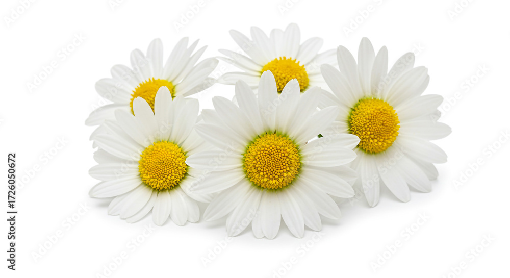 Obraz premium A cluster of pristine daisies, their white petals surrounding vibrant yellow centers, evokes a sense of springtime freshness and natural beauty against a stark white background.