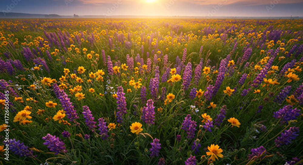 Obraz premium A breathtaking sunrise paints a vibrant wildflower meadow with purple lupines and golden wildflowers in soft, warm light.