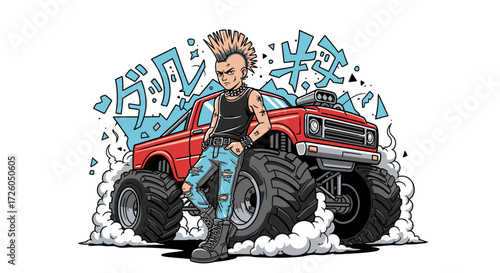 Punk rock character with a mohawk leaning on a red monster truck with Japanese text in the background.