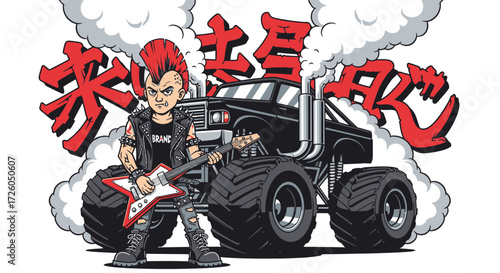 Illustration of a punk rocker with a red mohawk holding a guitar in front of a monster truck.