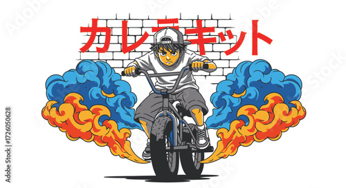 Dynamic illustration of a boy riding a BMX bike with powerful blue and orange smoke exhaust, in front of a brick wall with red Japanese characters.