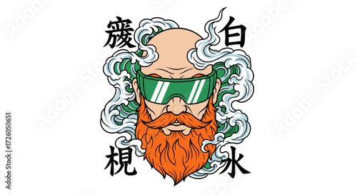 Bald man with a vibrant orange beard, wearing green sunglasses, surrounded by stylized smoke and water patterns, with Japanese kanji characters.