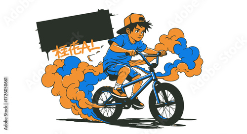 An illustration of a young boy in a cap riding a BMX bike, with a trail of colorful orange and blue smoke behind him.