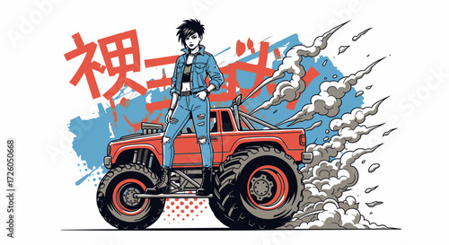 A stylized illustration of a young woman with short black hair, wearing a denim jacket and ripped jeans, standing confidently on a large red monster truck with smoke billowing from its tires.