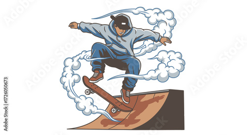 Illustration of a skateboarder performing a trick on a ramp with a cloudy background.