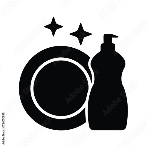 Dish soap bottle and clean plate vector icon illustration for cleaning washing dishes design 90