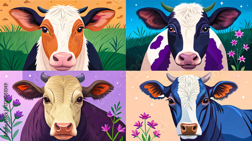cow breed set collection Jersey, Angus, Hereford, and Brown Swiss, grazing in field, showing agriculture, farming, and domestic animal diversity vector