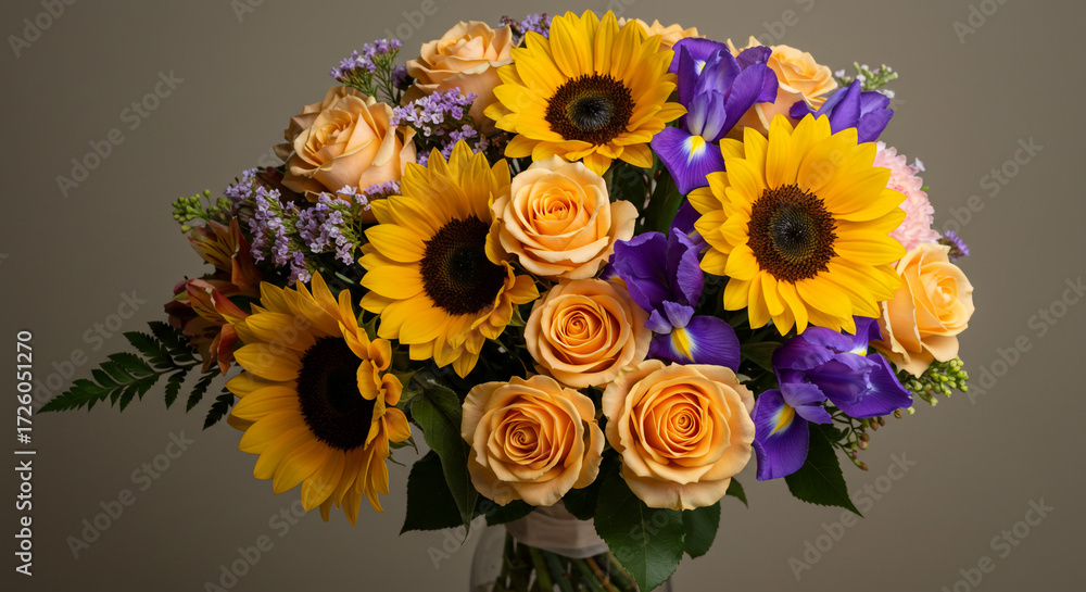 Naklejka premium A radiant bouquet of sunflowers and peach roses, accented with vibrant purple irises, exuding warmth and joy, captured in soft, natural light.