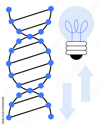 DNA strand with blue atoms, light bulb for creativity, and arrows for dynamics. Ideal for genetics, research, innovation, learning, progress creativity and biotechnology themes. A simple flat