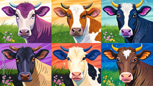 cow breed set collection Jersey, Angus, Hereford, and Brown Swiss, grazing in field, showing agriculture, farming, and domestic animal diversity vector