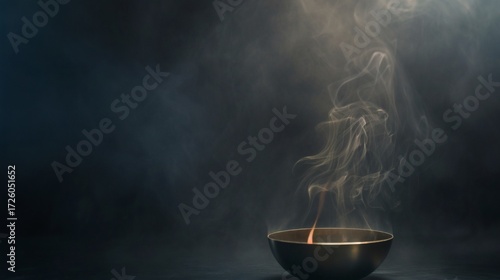 Mystical smoke rising from a golden bowl creates a spiritual atmosphere, perfect for wellness brands or meditation content seeking a serene and calming backdrop