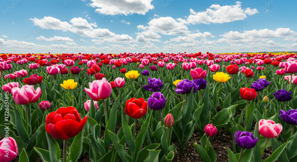 Fototapeta premium A breathtaking field of vibrant tulips bursting with spring's joyful colors under a bright, sunny sky.