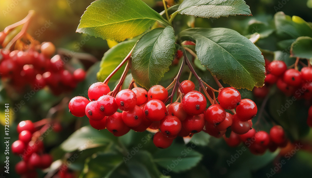 Fototapeta premium A Bunch Of Red Berries On A Bush With Green Leaves