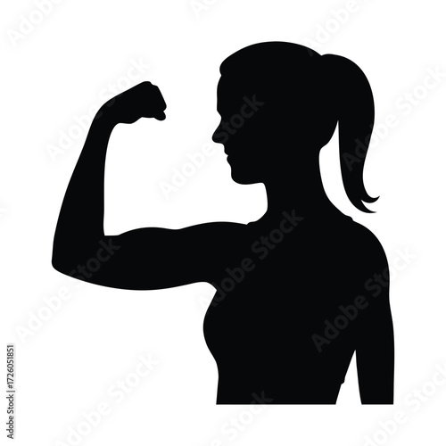 Silhouette of strong woman flexing biceps for fitness workout gym motivation power training design