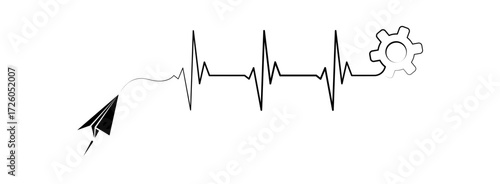 Abstract paper plane origami airplane, ekg shape route, gear cogwheel vector. Creative medical science concept design to use for cardiology, healthcare business, medical care concept projects.