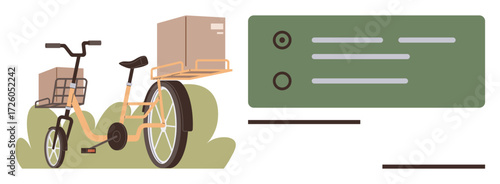 Cargo bike carrying boxes in rear and front baskets alongside checklist with green background. Ideal for delivery service, eco-transportation, order tracking, logistics, scheduling, sustainability