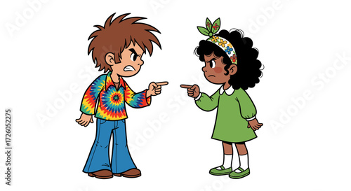Cartoon kids argue, pointing fingers at each other with angry expressions, perfect for illustrating conflict resolution and childhood disagreements