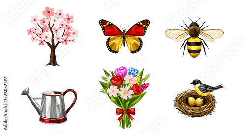 Delightful spring collection features a cherry blossom tree, butterfly, bee, flowers, watering can, and bird's nest full of eggs, bringing nature indoors