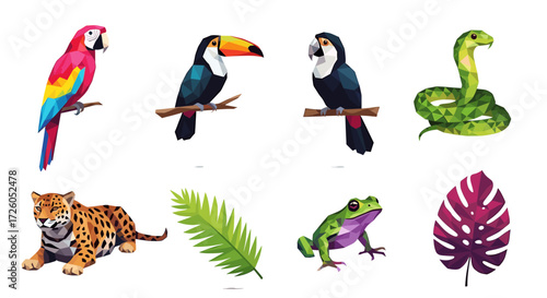 Vibrant jungle animals and plants creating a stunning tropical low poly design for modern designs, posters, and educational projects with a unique style