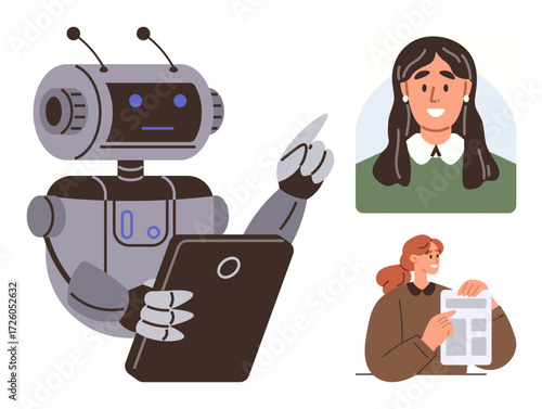 Robot with antenna pointing at tablet, woman in green smiling, person with ponytail holding document. Ideal for AI communication, technology in education, innovation, teamwork, future workforce