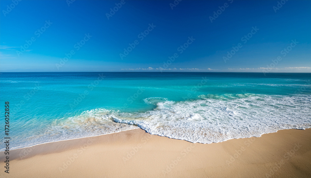 Fototapeta premium A Beach With A Blue Ocean And A Sandy Shore