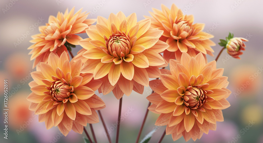 Fototapeta premium A cluster of delicate peach dahlias blooming in soft, natural light, their petals unfurling in a gentle summer breeze, showcasing exquisite beauty.