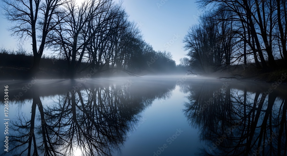 Fototapeta premium Misty Winter Morning over a Serene River Lined with Silhouetted Bare Trees and Reflections