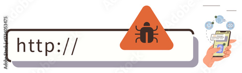 Warning triangle with a bug above a URL bar, hand holding smartphone with data hacking alert. Ideal for cybersecurity, phishing risks, malware, hacking, online safety, fraud prevention, and digital