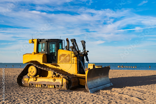 Old heavy equipment of bulldozer with sand in bucket. Bull dozer heavy machinery. Industrial heavy equipment. Bulldozer or dozer machinery