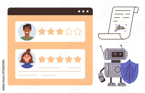 User profiles with star ratings alongside a signed digital document, and a robot with a shield symbolizing automation, reviews, contracts, privacy, cybersecurity, and trust. Ideal for feedback
