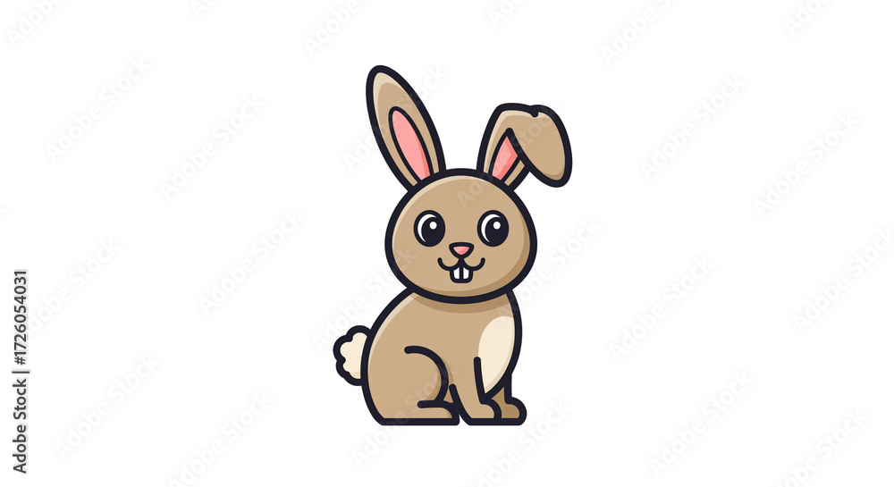 Fototapeta premium A cheerful brown bunny rabbit sitting peacefully, a charming cartoon character with simple line art and a white background.