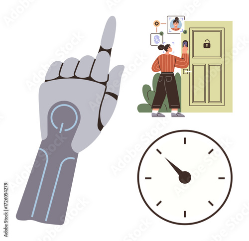 Robotic hand pointing upwards, person interacting with smart door using facial recognition technology, and clock presenting time management. Ideal for innovation, security, biometrics, AI