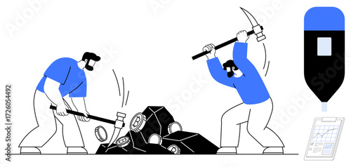 Two workers breaking rocks with pickaxe and hammer, extracting minerals. Tall marker beside, clipboard below. Ideal for resource mining, labor, industry, teamwork, efficiency effort simple flat